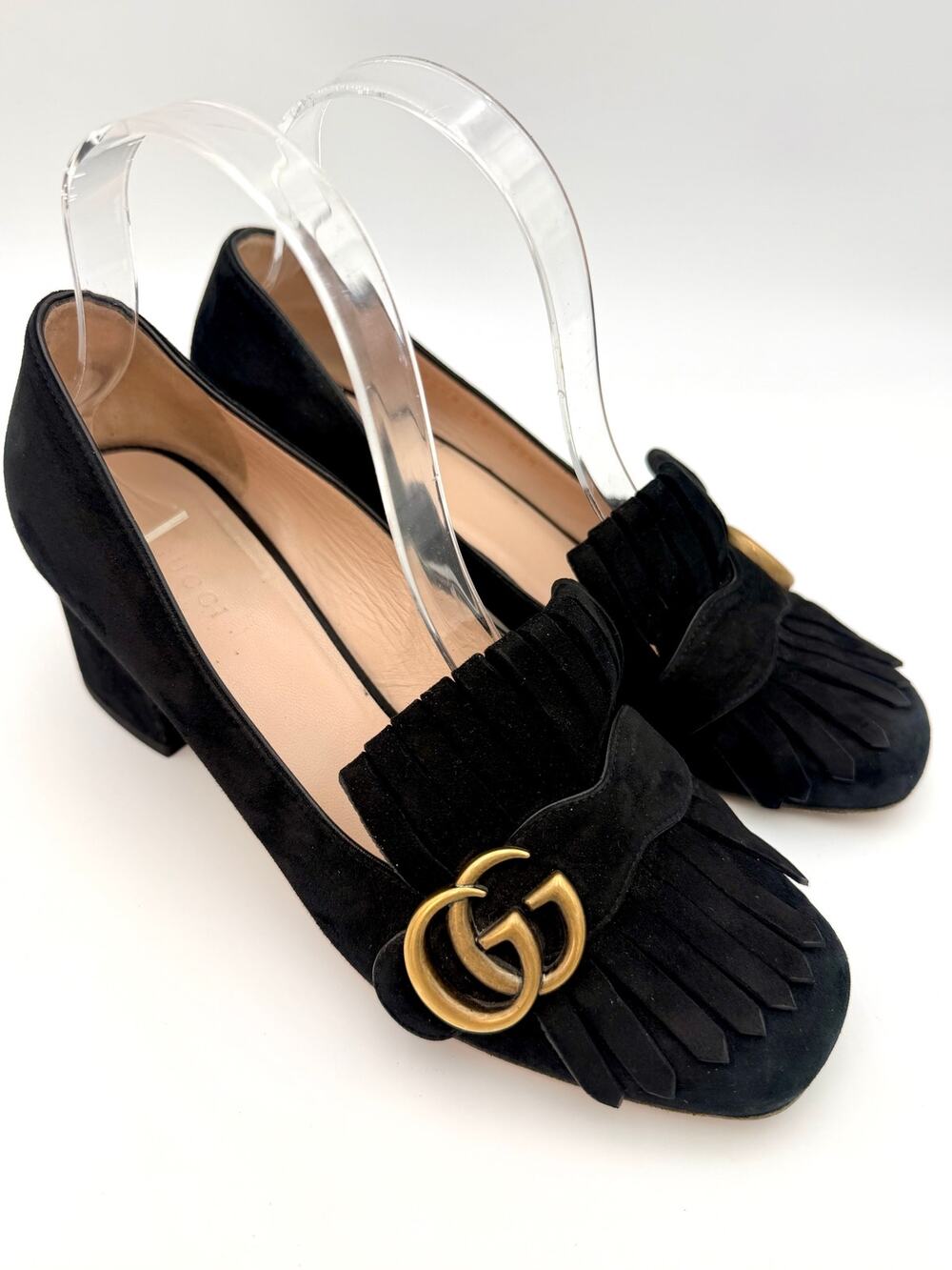 Gucci Double G Logo Suede Loafers Black Suede Fringe Size 38 / 8 Pumps